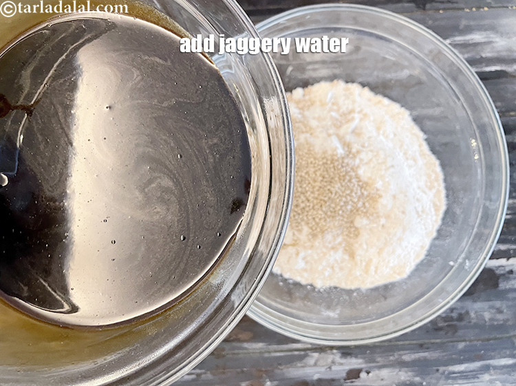 Step 41 – Add jaggery water and a pinch of salt. Step by step on preparing jaggery water …