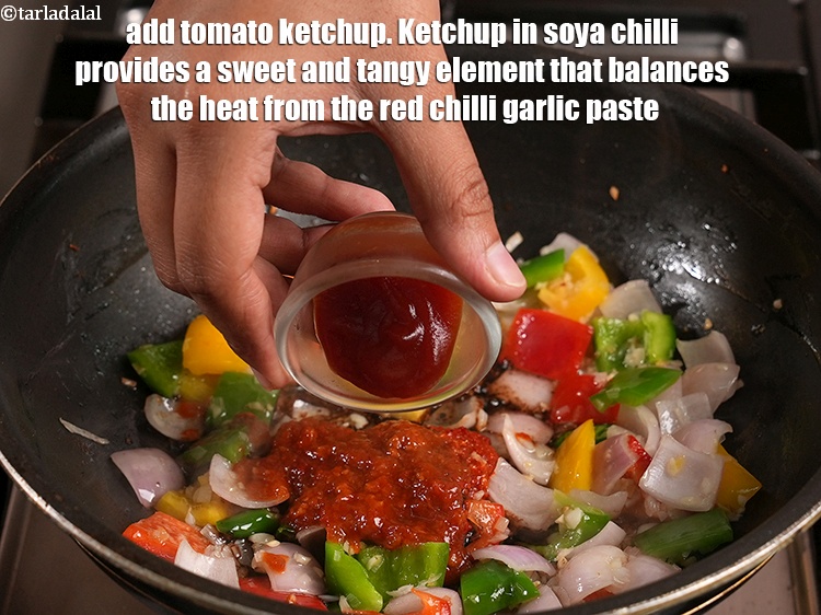 Step 34 – Add 1 tbsp <a href="https://www.tarladalal.com/glossary-tomato-ketchup-tomato-sauce-181i">tomato ketchup</a>. Ketchup in soya chilli provides a sweet and tangy …