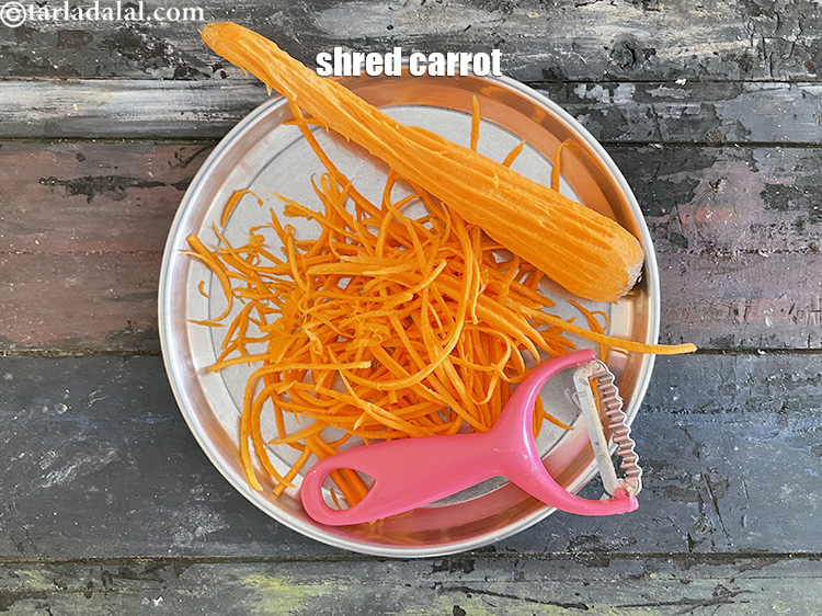 Step 13 – Wash and peel the carrtos. Then shred the carrot into short&nbsp;thin strips (&nbsp;juliennes) using a …