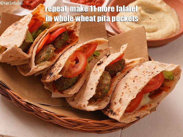 Step 37 – Repeat step 1 to make 11 more <strong>falafel in whole wheat pita pockets</strong>.