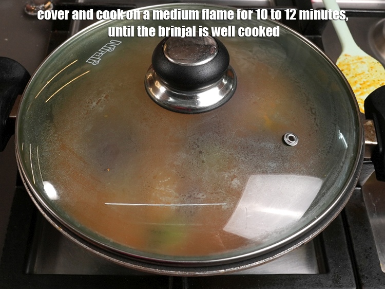 Step 35 – Cover and cook on a medium flame for 10 to 12 minutes, until the brinjal …