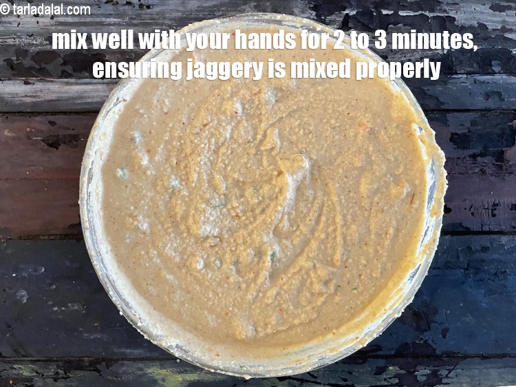 Step 35 – Mix well with your hands for 2 to 3 minutes ensuring the jaggery is mixed …