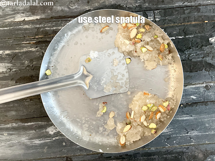 Step 39 – You will have to use a stell spatula to remove your vadi from the thali.