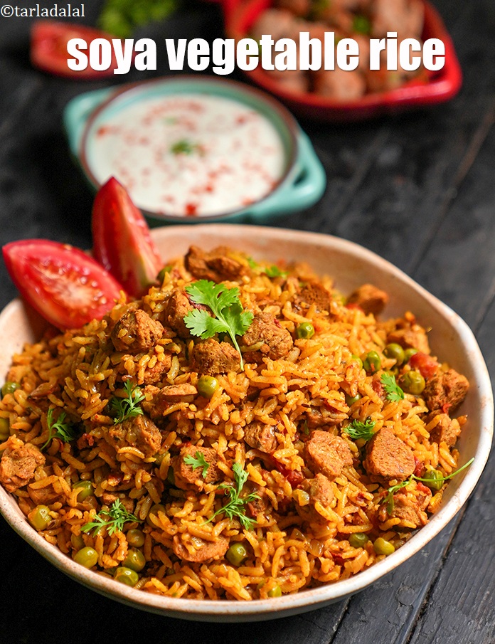 Step 43 – Serve <strong>soya pulao | soya vegetable rice | soya chunks pulao |</strong>&nbsp;<strong>soya pulao with brown …