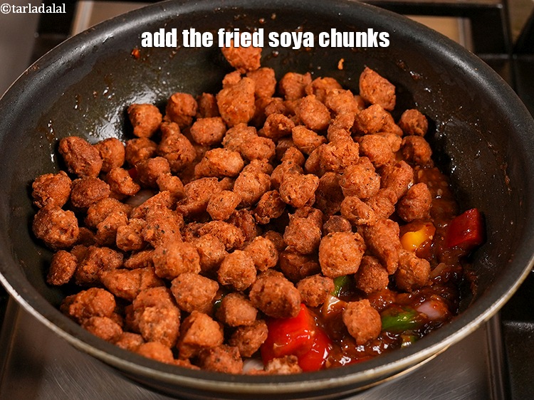 Step 38 – Add the fried soya chunks.