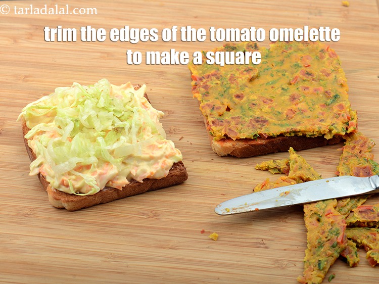 Step 39 – Trim the edges of the tomato omelette to make a square of the same size …