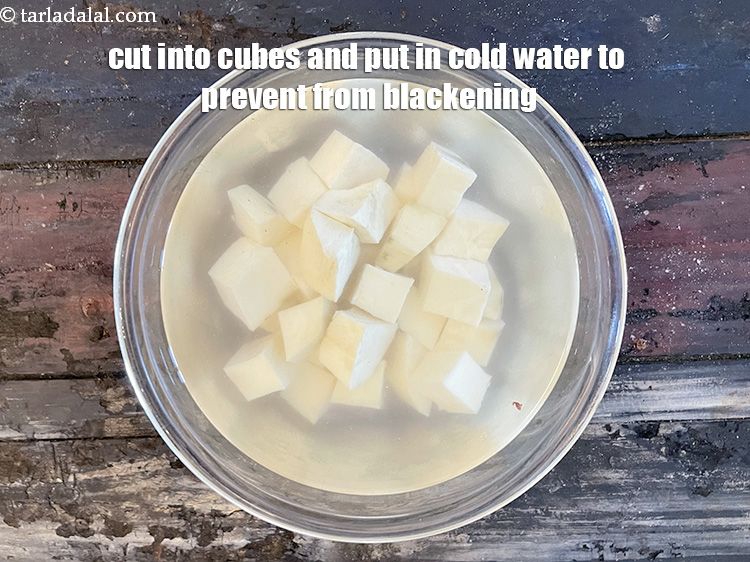 Step 14 – Cut shakarkand&nbsp;into cubes and put in cold water. This will prevent the sweet potatoes from …