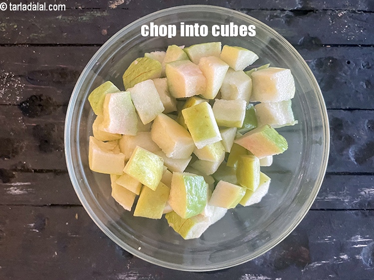 Step 7 – This would yield approx. 2 cups of guava cubes. Keep aside.
