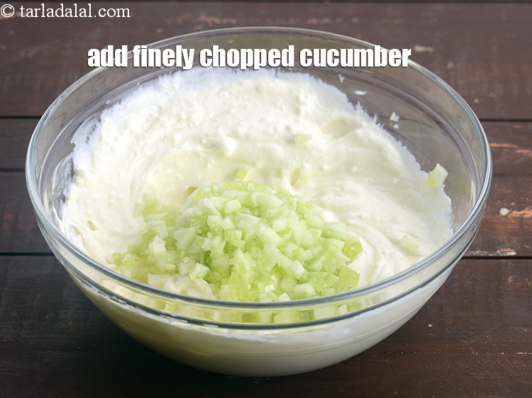 Step 5 – Add 1/2 cup&nbsp;finely&nbsp;<a href="https://tarladalal.com/glossary-chopped-cucumber-795i">chopped cucumber</a>.&nbsp;