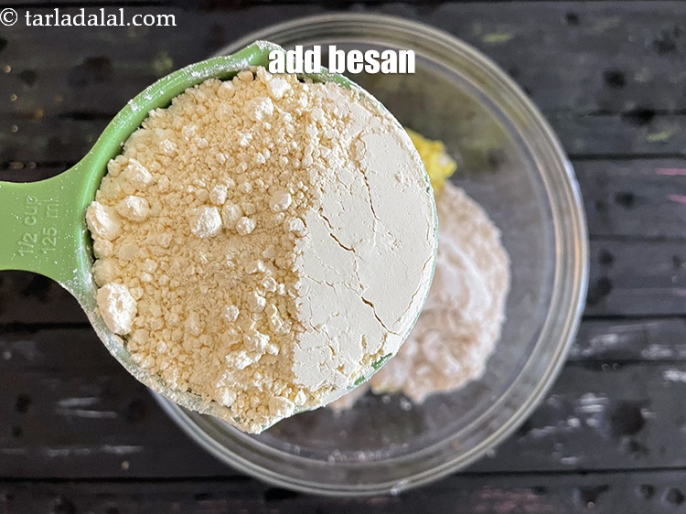 Step 6 – Add&nbsp;<meta charset="UTF-8" />1/2 cup&nbsp;<a href="glossary-besan-chana-dal-flour-bengal-gram-flour-952i">besan (bengal gram flour)</a>.