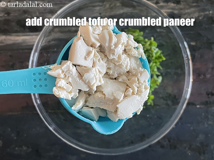 Step 6 – Add&nbsp;<meta charset="UTF-8" />1/2 cup&nbsp;<a href="glossary-crumbled-tofu-1215i">crumbled firm tofu</a>&nbsp;(soya paneer / bean curd) <strong>or use crumbled paneer …