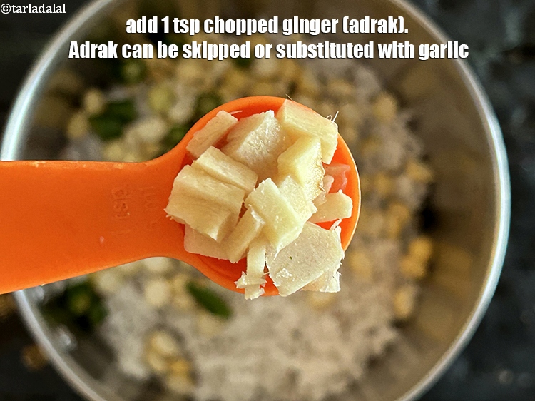 Step 6 – Add&nbsp;<meta charset="UTF-8" />1 tsp&nbsp;<a href="glossary-chopped-ginger-786i">chopped ginger (adrak)</a>.&nbsp;Adrak can be skipped or substituted with garlic.