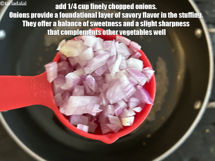 Step 6 – Add&nbsp;<meta charset="UTF-8" />1/4 cup <strong>finely chopped&nbsp;onions. </strong>Onions provide a foundational layer of savory flavor in …