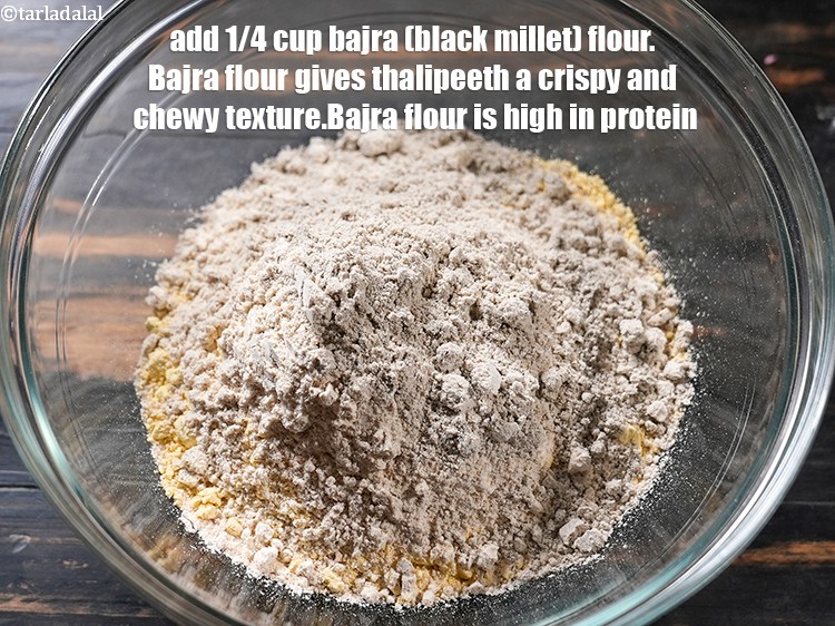 Step 36 – <meta charset="UTF-8" /> Add 1/4 cup&nbsp;<a href="https://www.tarladalal.com/glossary-bajra-flour-bajra-ka-atta-bajre-ka-atta-176i">bajra (black millet) flour</a>.&nbsp;Bajra flour gives thalipeeth a crispy …