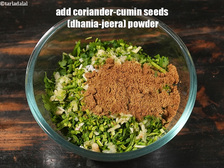 Step 7 – Add&nbsp;3/4 tbsp&nbsp;<a href="https://www.tarladalal.com/glossary-coriander-cumin-seeds-powder-dhania-jeera-powder-375i">coriander-cumin seeds (dhania-jeera) powder</a>.&nbsp;