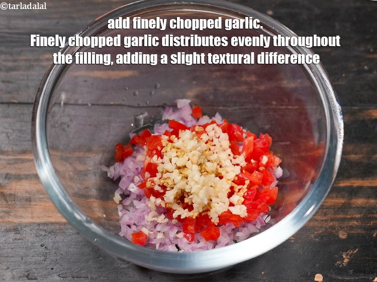 Step 6 – Add 1 tsp finely <a href="https://www.tarladalal.com/glossary-chopped-garlic-790i">chopped garlic (lehsun)</a>. Finely chopped garlic distributes evenly throughout the …