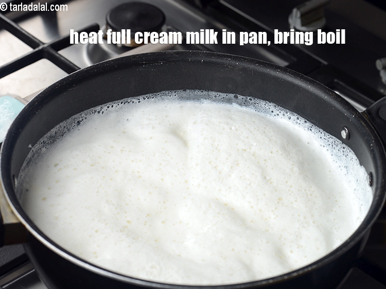 Step 3 – To make <strong>rose rasgulla</strong>, eat 4 cups full&nbsp;<a href="https://www.tarladalal.com/glossary-cows-milk-2686i">cow's milk</a> a broad non-stick pan, bring …