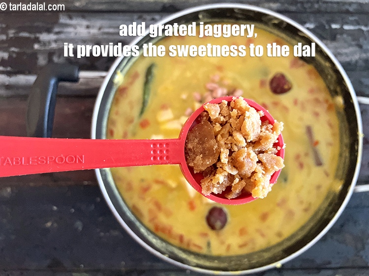Step 42 – Add 4 tbsp <a href="https://www.tarladalal.com/glossary-grated-jaggery-947i"><strong>grated jaggery (gur)</strong></a>. It provides the necessary sweetness to the <strong>Gujarati …