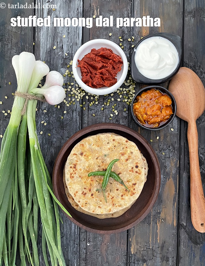 Step 44 – Serve <strong>green moong dal paratha with spring onions | stuffed green moong dal paratha | …