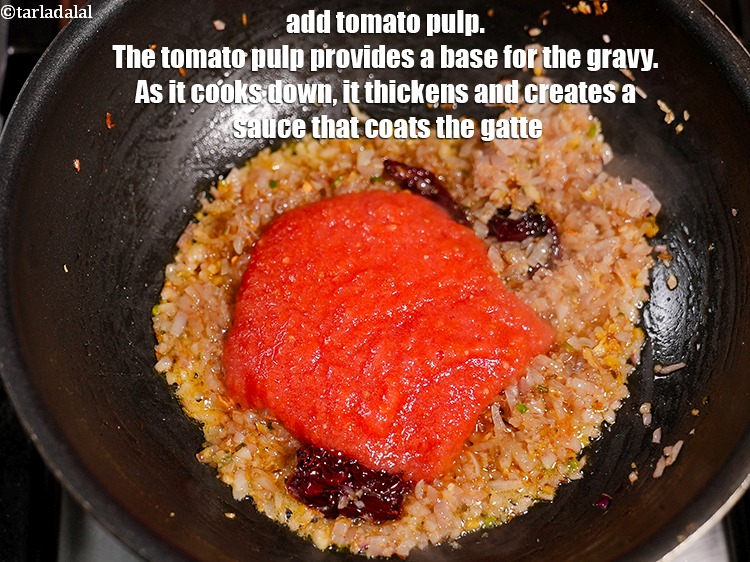 Step 45 – Add &frac14; cup <a href="https://www.tarladalal.com/glossary-tomato-pulp-tamatar-ka-pulp-1039i">tomato pulp</a>. The tomato pulp provides a base for the gravy. …