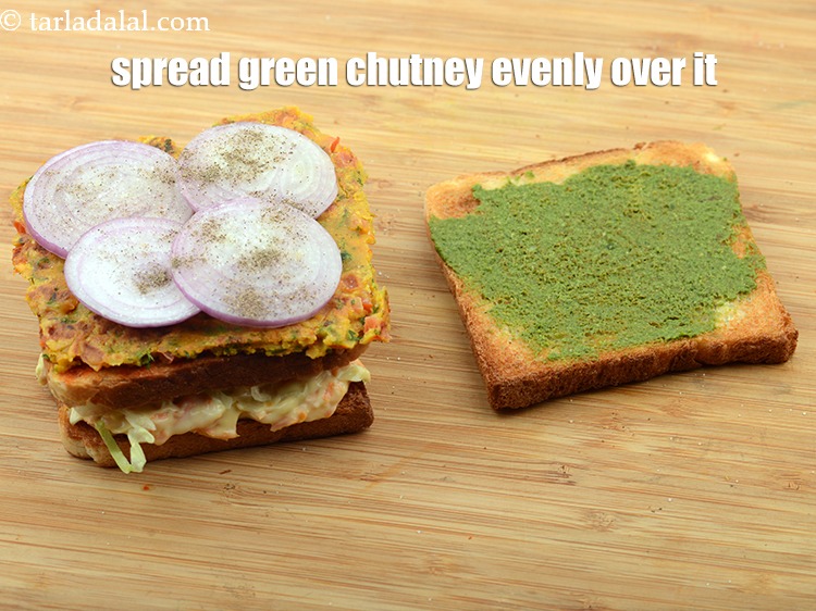 Step 46 – Spread 1/2 tbsp&nbsp;<a href="https://www.tarladalal.com/green-chutney-22266r">green chutney</a>&nbsp;evenly over it.