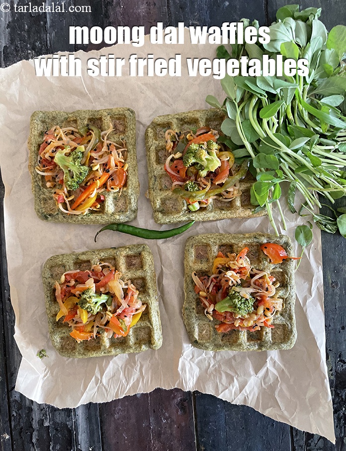 Step 49 – Serve <strong>moong dal waffles with stir fried vegetables&nbsp;| healthy Indian&nbsp;moong dal waffles |</strong>&nbsp;immediately.
