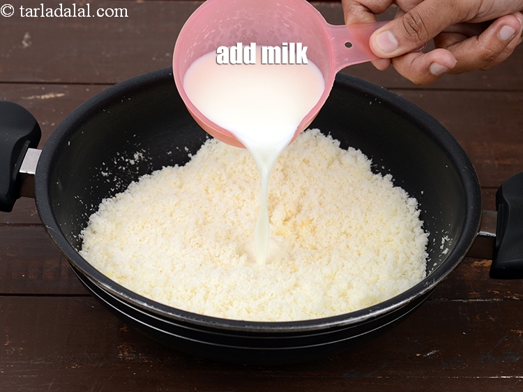 Step 7 – Add &frac12; cup <a href="https://www.tarladalal.com/glossary-milk-doodh-full-cream-milk-514i">milk</a>. Here I have used full fat milk which makes the …