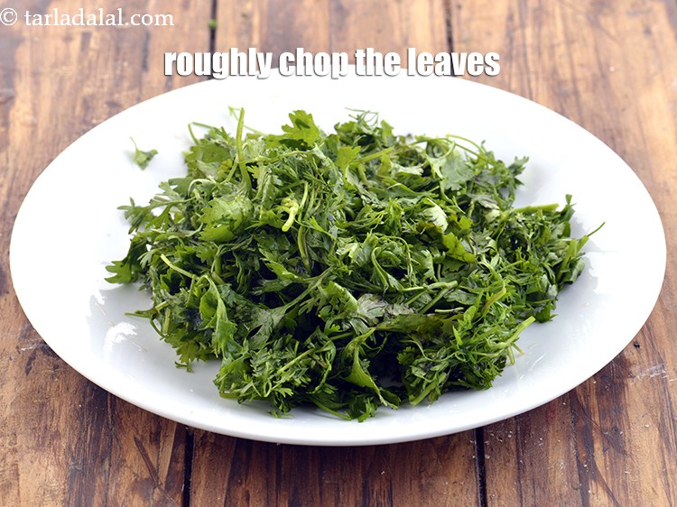 Step 6 – Roughly chop the leaves for the&nbsp;chutney. We need 1/2 cup&nbsp;roughly&nbsp;<a href="https://www.tarladalal.com/glossary-chopped-coriander-783i">chopped coriander (dhania)</a>&nbsp;for this recipe. …