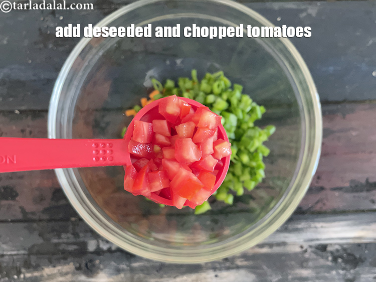 Step 7 – Add&nbsp;<meta charset="UTF-8" />2 tbsp&nbsp;deseeded and finely&nbsp;<a href="glossary-chopped-tomatoes-779i">chopped tomatoes</a>.