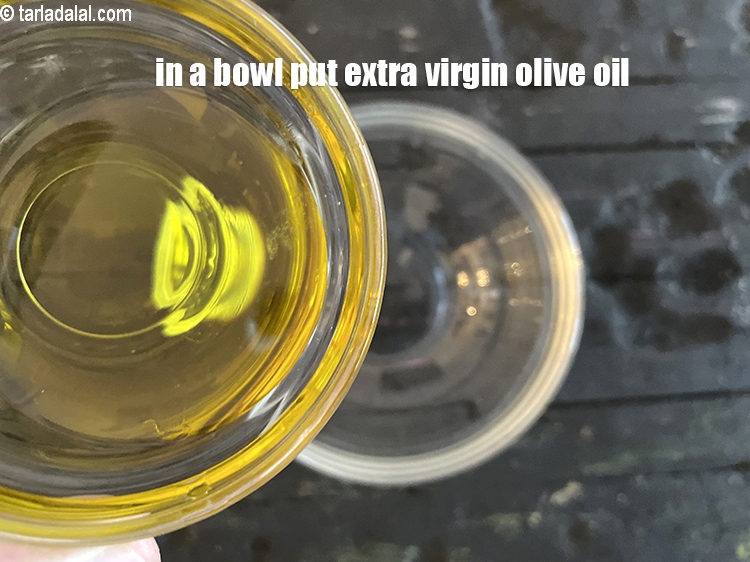 Step 6 – To make dressing, in a small bowl put 2&nbsp;tsp&nbsp;<a href="https://www.tarladalal.com/glossary-avocado-oil-2772i">avocado oil</a>&nbsp;or&nbsp;<a href="https://www.tarladalal.com/glossary-extra-virgin-olive-oil-2611i">extra virgin olive oil</a>.