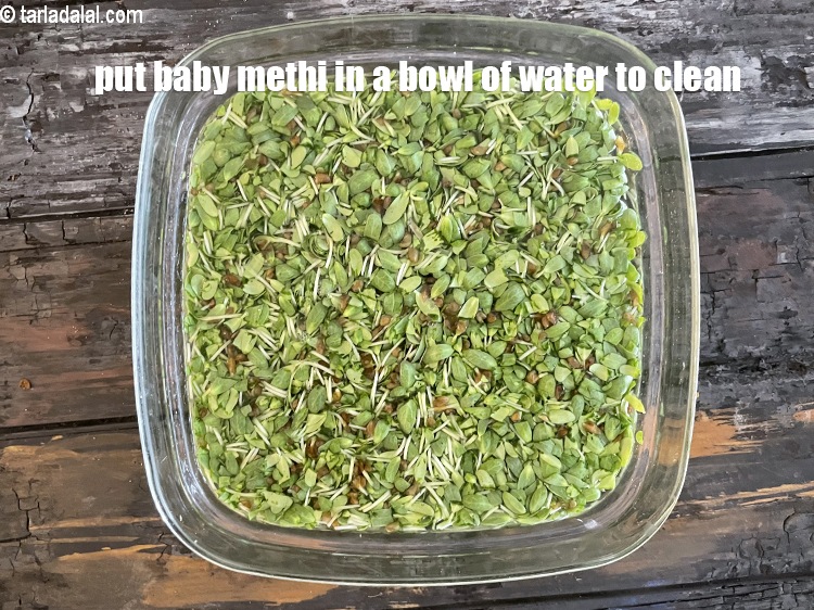 Step 6 – We need to clean the baby methi. So put in a bowl of water.
