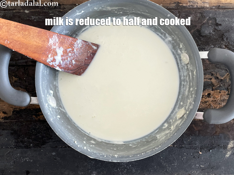 Step 7 – The milk has reduced to half and took about 25 minutes to do so.