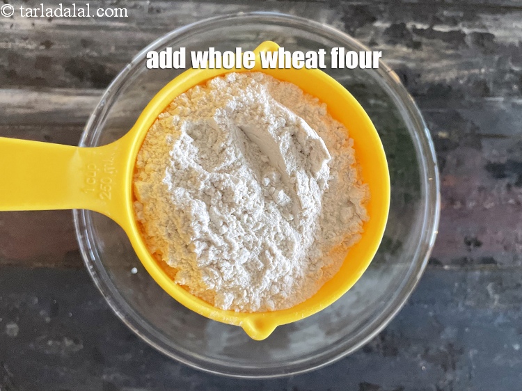 Step 7 – Add&nbsp;<meta charset="UTF-8" />3/4 cup&nbsp;<a href="glossary-whole-wheat-flour-gehun-ka-atta-gehun-ka-aata-429i">whole wheat flour (gehun ka atta)</a>.