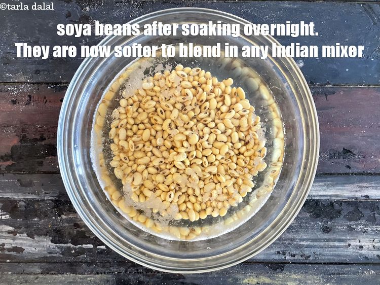 Step 7 – Soyabeans after soaking overnight.&nbsp;Soyabeans are now softer to blend in any Indian mixer. <strong>Once soyabeans …