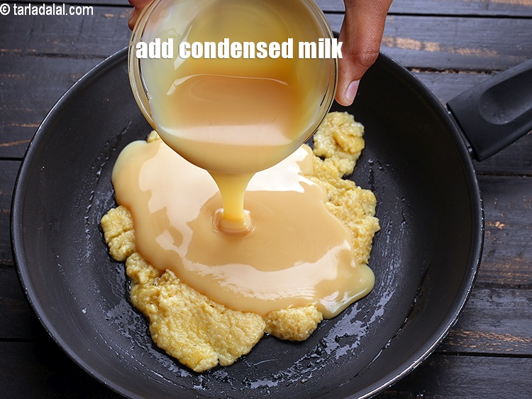 Step 7 – Add 1/4 cup <a href="https://www.tarladalal.com/glossary-condensed-milk-672i">condensed milk</a>.