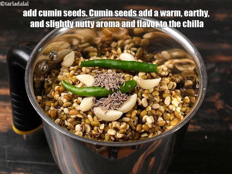 स्टेप 7 – १/२ टेबल-स्पून&nbsp;<a href=""https://www.tarladalal.com/glossary-cumin-seeds-jeera-zeera-hindi-381i"">जीरा</a>&nbsp;डालें। जीरा चीले में एक गर्म, मिट्टी जैसी …