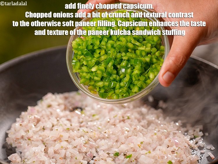 Step 7 – Add &frac34; cup finely <a href="https://www.tarladalal.com/glossary-chopped-capsicum-164i">chopped capsicum</a>. Chopped onions add a bit of crunch and …