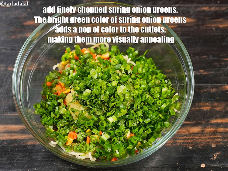 Step 7 – Add &frac14; cup finely <a href="https://www.tarladalal.com/glossary-chopped-spring-onion-greens-1030i">chopped spring onion greens</a>. The bright green color of spring …