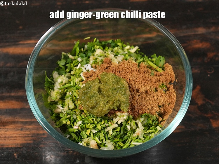 Step 8 – Add 1 1/2 tsp&nbsp;<a href="https://www.tarladalal.com/glossary-ginger-green-chilli-paste-adrak-mirch-ki-paste-adrak-mirchi-paste-139i">ginger-green chilli paste</a>.