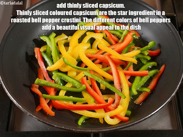 Step 7 – Add 1 cup thinly <a href="https://www.tarladalal.com/glossary-sliced-capsicum-165i">sliced capsicum</a>. Thinly sliced colored capsicum (bell peppers) are the …