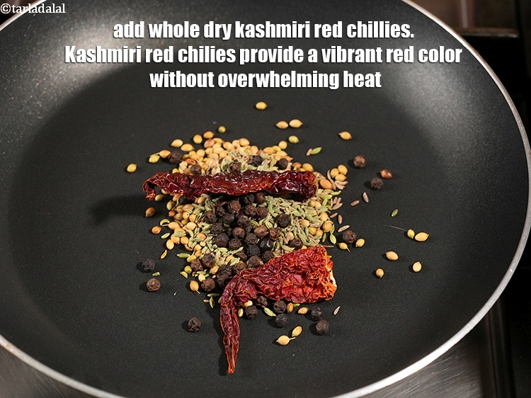 Step 7 – Add 2 <a href="https://www.tarladalal.com/glossary-whole-dry-kashmiri-red-chillies-kashmiri-mirch-kashmiri-lal-mirch-332i">whole dry kashmiri red chillies</a>. Kashmiri red chilies provide a vibrant red …