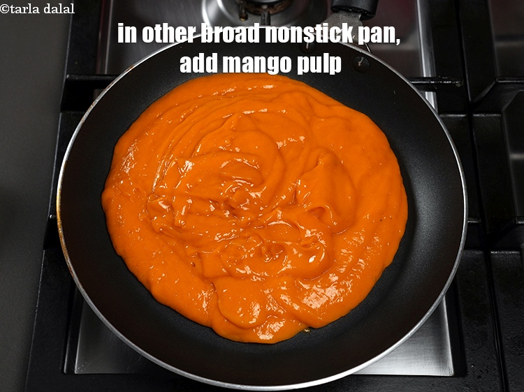 Step 7 – In other broad nonstick pan, add 2 cups mango pulp.