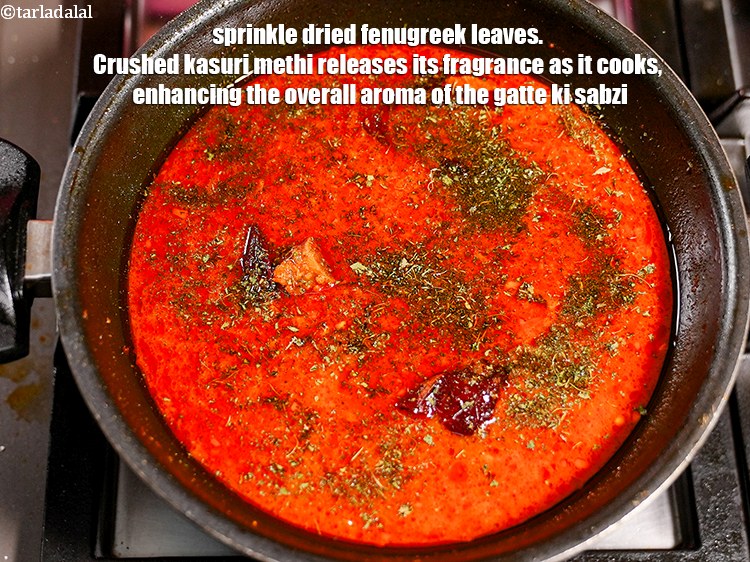 Step 53 – Sprinkle 1 tbsp <a href="https://www.tarladalal.com/glossary-dried-fenugreek-leaves-kasuri-methi-374i">dried fenugreek leaves (kasuri methi)</a>. Crushed kasuri methi releases its fragrance …