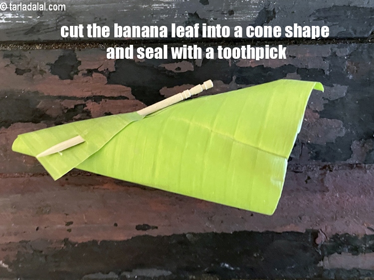 Step 53 – Cut your banana leaves into a cone shape and seal with a toothpick.