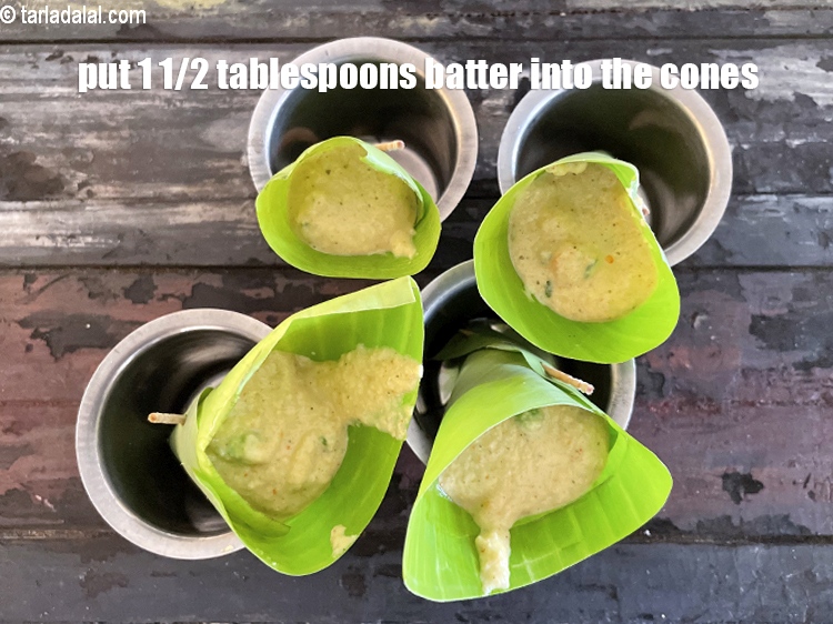 Step 56 – Put 1 1/2 tabelspoons of batter into the cone.