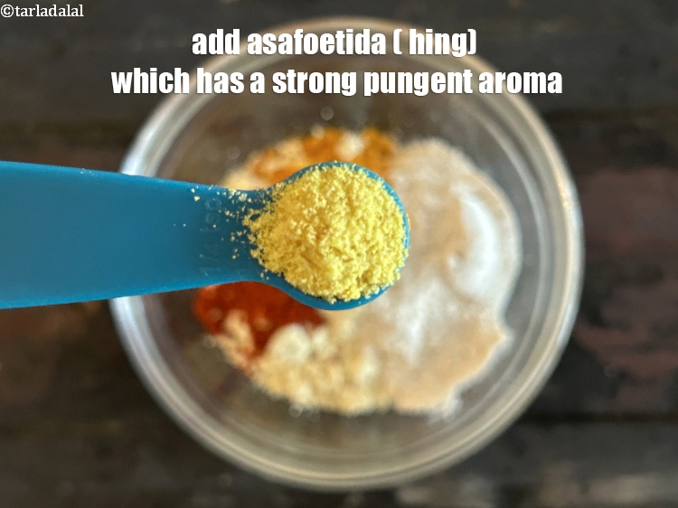 Step 7 – Add&nbsp;<meta charset="UTF-8" />1/4 tsp&nbsp;<a href="glossary-asafoetida-hing-113i">asafoetida (hing)</a>.&nbsp;Asafoetida has a strong, pungent aroma.