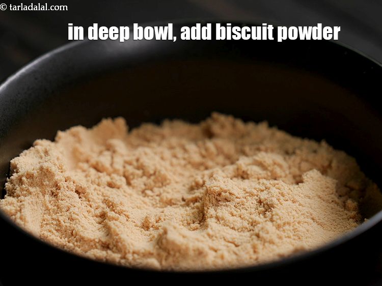 Step 7 – In a deep bowl, add the 1 1/4 cups&nbsp;<a href="https://www.tarladalal.com/glossary-crushed-marie-biscuit-2435i">crushed marie biscuit</a>&nbsp;powder.&nbsp;