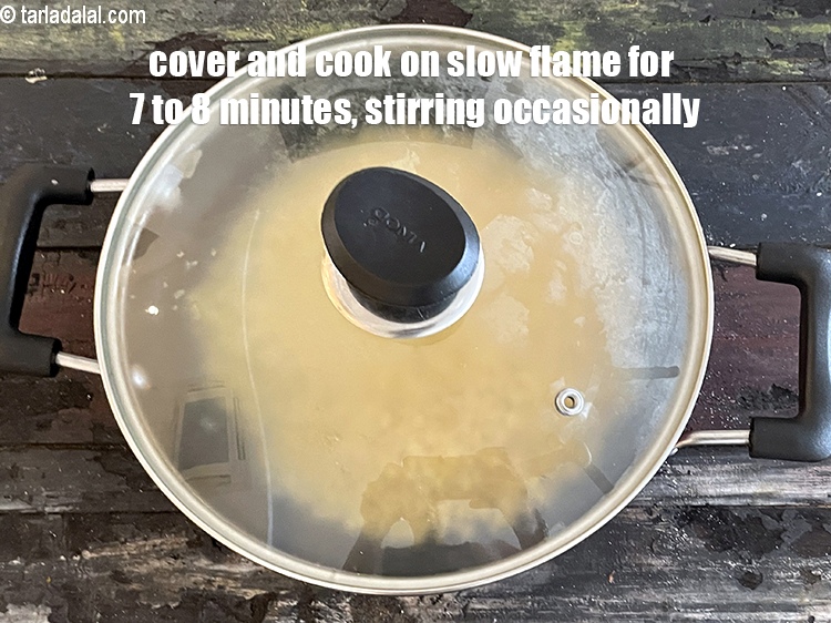 Step 15 – Cover and cook on a slow flame for 7 to 8 minutes, while stirirng occasionally.