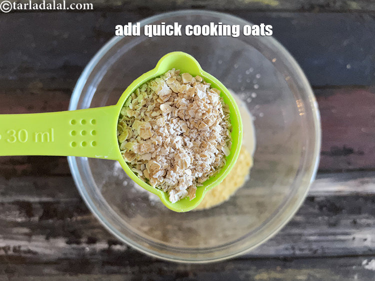 Step 9 – Add&nbsp;<meta charset="UTF-8" />1/4 cup&nbsp;<a href="glossary-quick-cooking-rolled-oats-rolled-oats-547i">quick cooking rolled oats</a>.