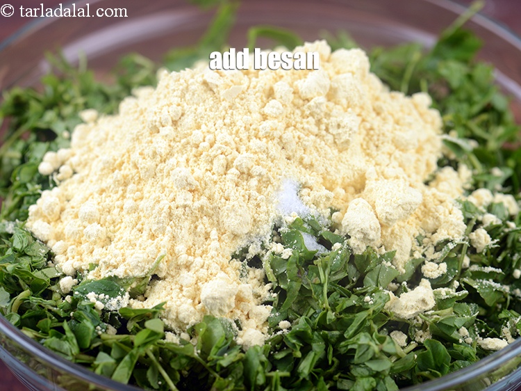 Step 7 – Add 1/2 cup&nbsp;<a href="https://www.tarladalal.com/glossary-besan-chana-dal-flour-bengal-gram-flour-952i">besan (bengal gram flour)</a>.